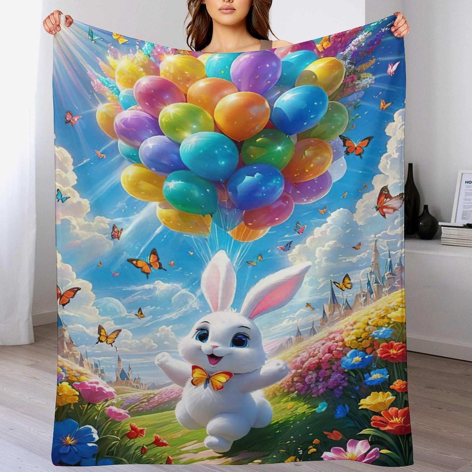 Couverture de canape chaude en polaire douce motif lapin mignon 140x180cm