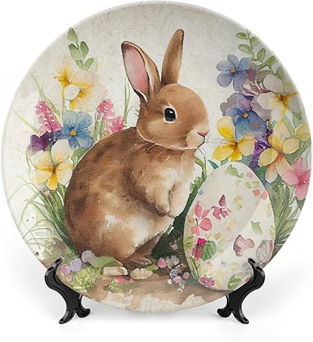 Gokays Platos de decoración vintage de Pascua, plato de cerámica de conejo y huevos, placa oscilante con soporte de exhibición, decoración del hogar