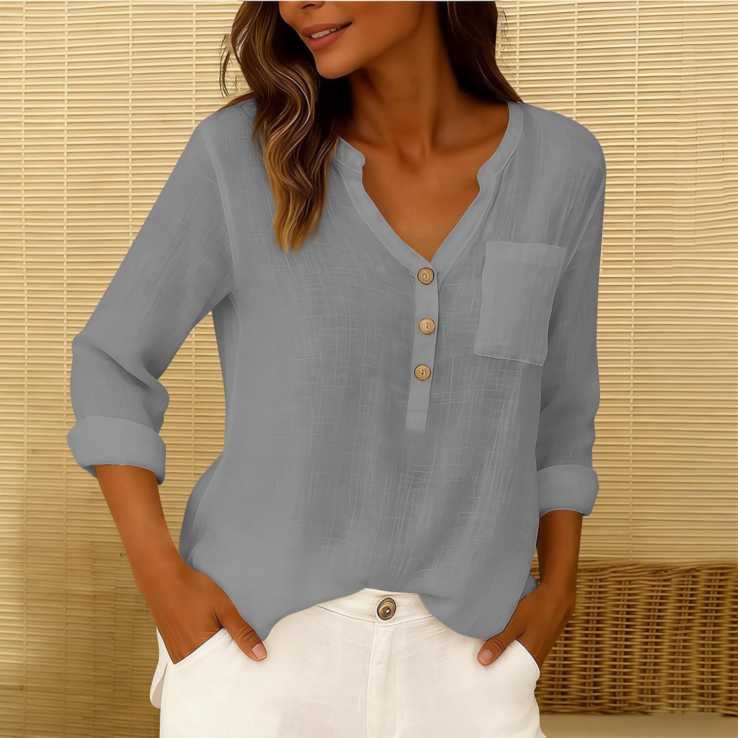 V-Neck Cotton Linen T-Shirt for Women- Button-Down Solid Casual Top, Versatile and Soft Layering Piece for Wardrobe