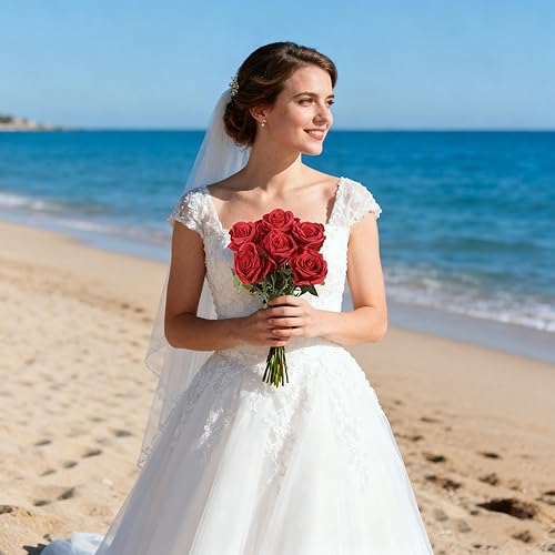 Miniatura 6 de IPOPU 6 rosas artificiales de seda de color rojo profundo con hojas falsas de tallo largo, rosas artificiales de tallo largo adecuadas para bodas,