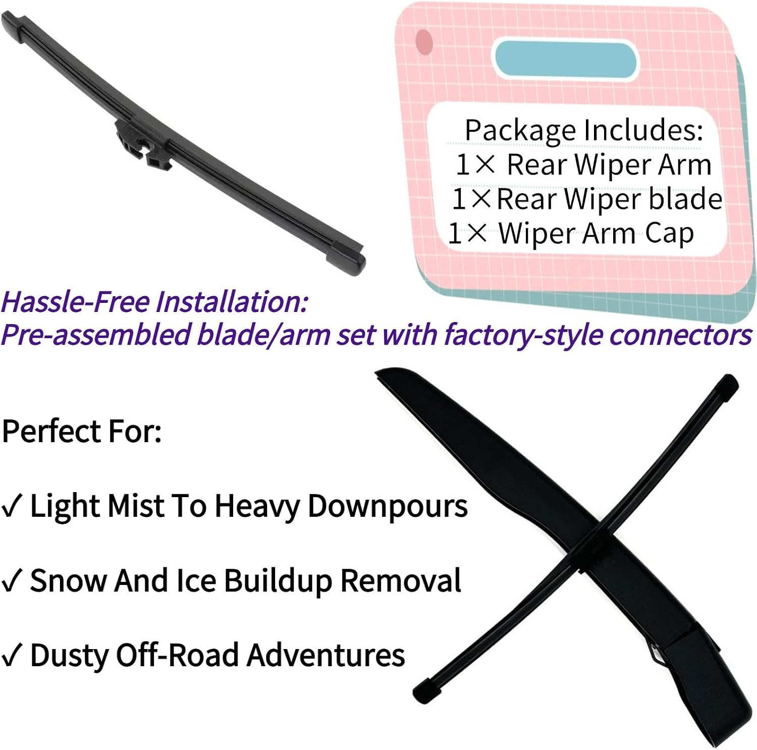 Rear Wiper Blade & Arm Replacement for Ford Escape 2020-2025 2024 2023 2022 2021 Fit for S SE SEL Hybrid Active Platinum ST-Line Elite Titanium Models All-Season Rear Back Windshield Wiper Blade Set