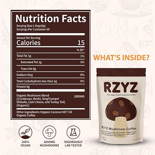 Miniatura 2 de Café de hongos  6 hongos adaptogénicos orgánicos (melena de león, reishi, cordyceps, shiitake, cola de pavo), café instantáneo sin azúcar, apto para