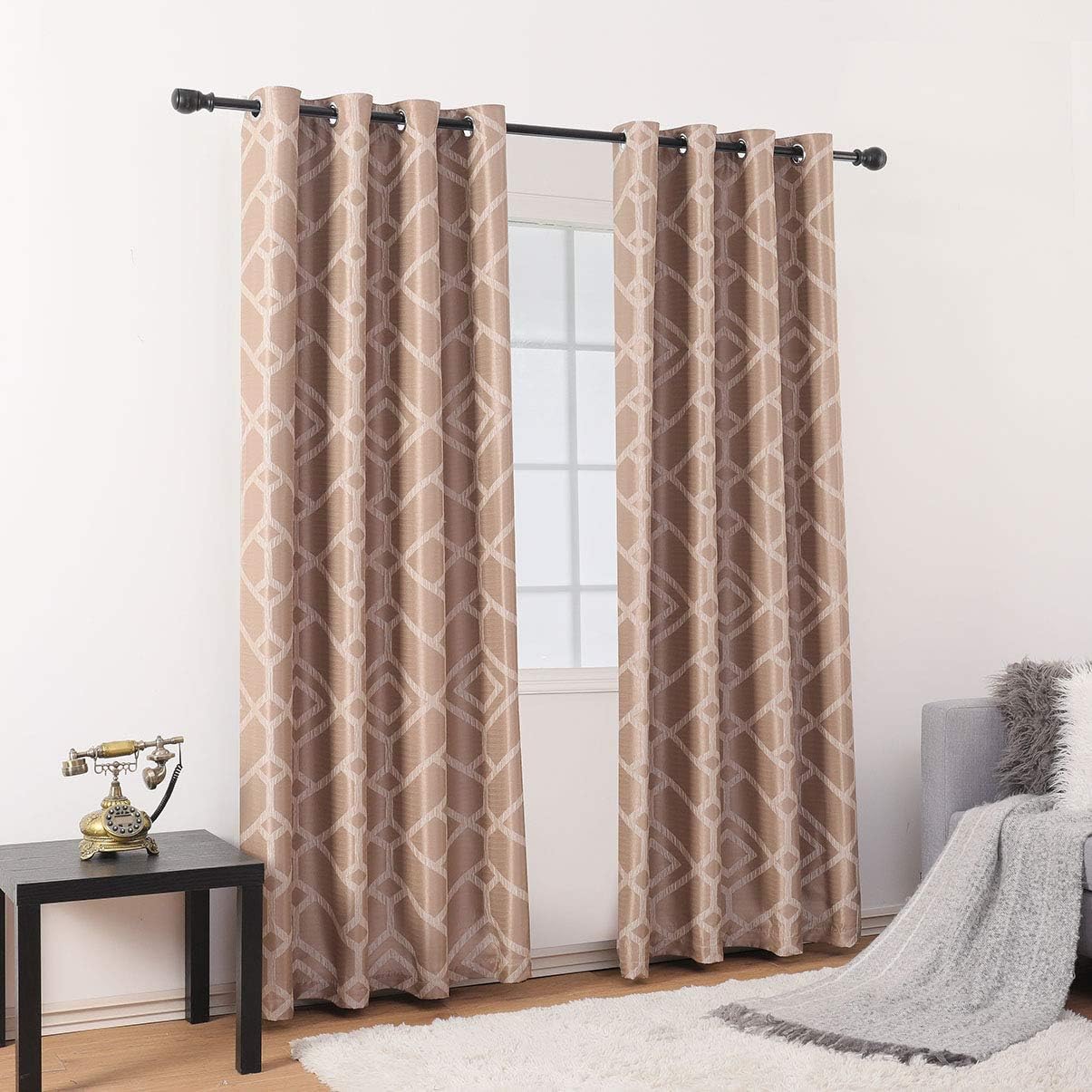 Geometric Blackout Curtains for Bedroom Elegant Polyester Grommet Jacquard Lattice Window Curtain Set for Living Room（52" W x 63" L, 2 Panels