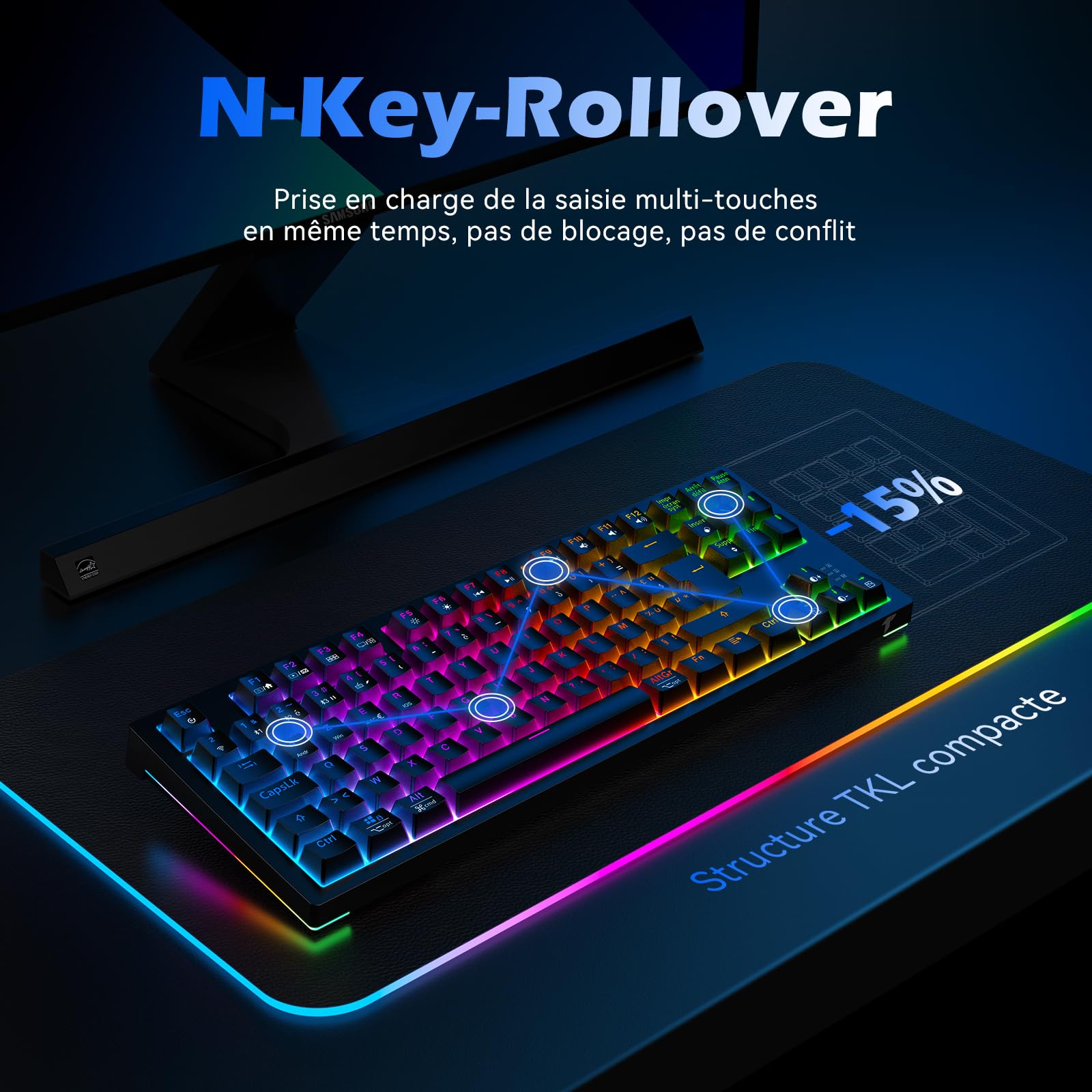 TECURS Tastiera Gamer Meccanica Wireless 80% TKL AZERTY, Tastiera Gaming Bluetooth/2.4Ghz/USB-C Programmabile con Interruttore Rosso, Tastiera Meccanica di Gioco RGB per PC/PS5/Win/Mac/Android/iOS,