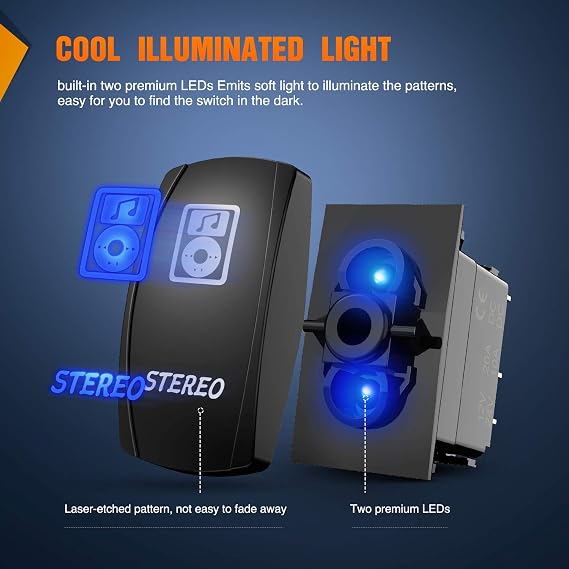 Nilight LED Light Bar Rocker Switch Stereo Rocker Switch 5 Pin Laser On/Off Switch 20A/12V 10A/24V Switch Jumper Wires Set(90006B) , Blue