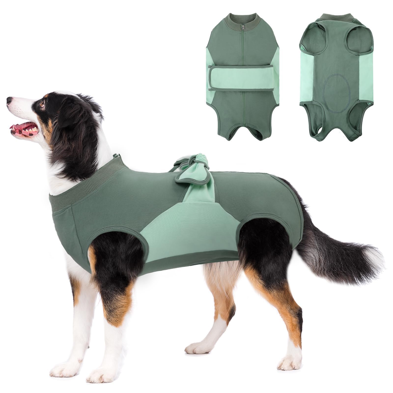 SAWMONG Recovery Suit for Dogs, Cotton Dog Surgery Suit Female Spay Pet Male Breathable, Zipper Neuter Onesie Bodysuit Prevent Licking Wounds, Substitute E-Collar &amp; Cone(Green, Large)