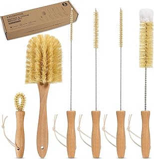Bottle Brush Set - 6 Pack Sisal Bristle Natural Bottle Brush, All in One Bottle and Straw Brush Cleaning Set for Water Bottles, Glasses, Cups and Lid