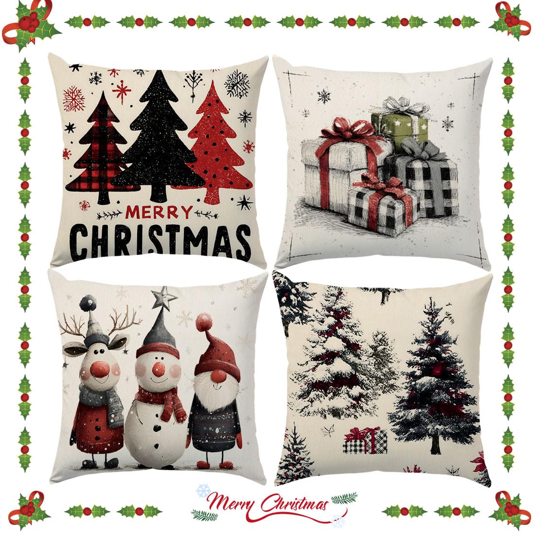 SEVENWELL Weihnachten Kissenbezüge 45x45 cm 4er Set Baum Schneemann Wichtel | Rot Schwarz Weihnachtsdeko für Sofa Wohnzimmer Schlafzimmer Winter Dekoration
