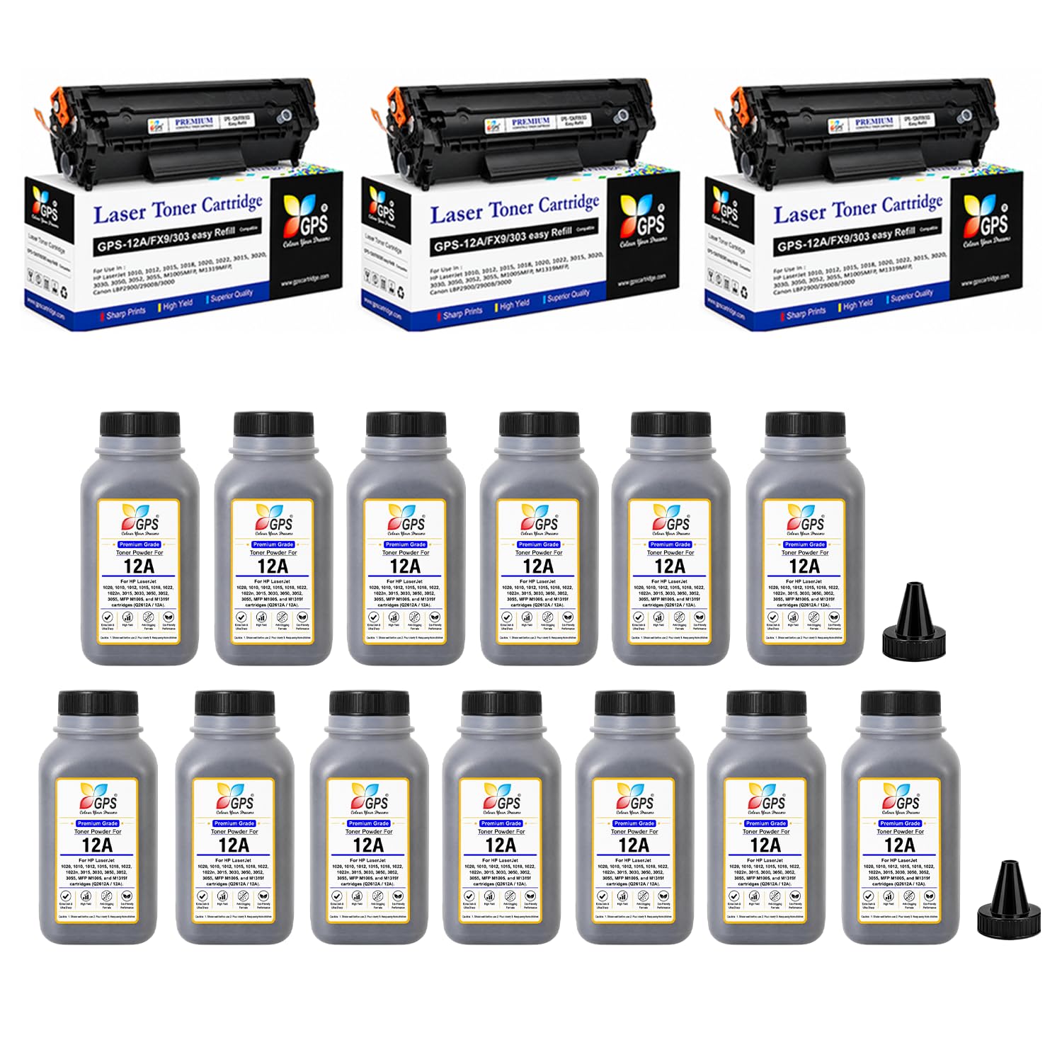 GPS 12A Easy Refill Toner Cartridge Pack of 3 with 13 Powder Bottles (100g x 13) Combo Compatible for HP LaserJet 1020 Plus, M1005, 1018 & Canon LBP 2900, 3000 | Black | Yield: 32,000 Pages Total-image-28
