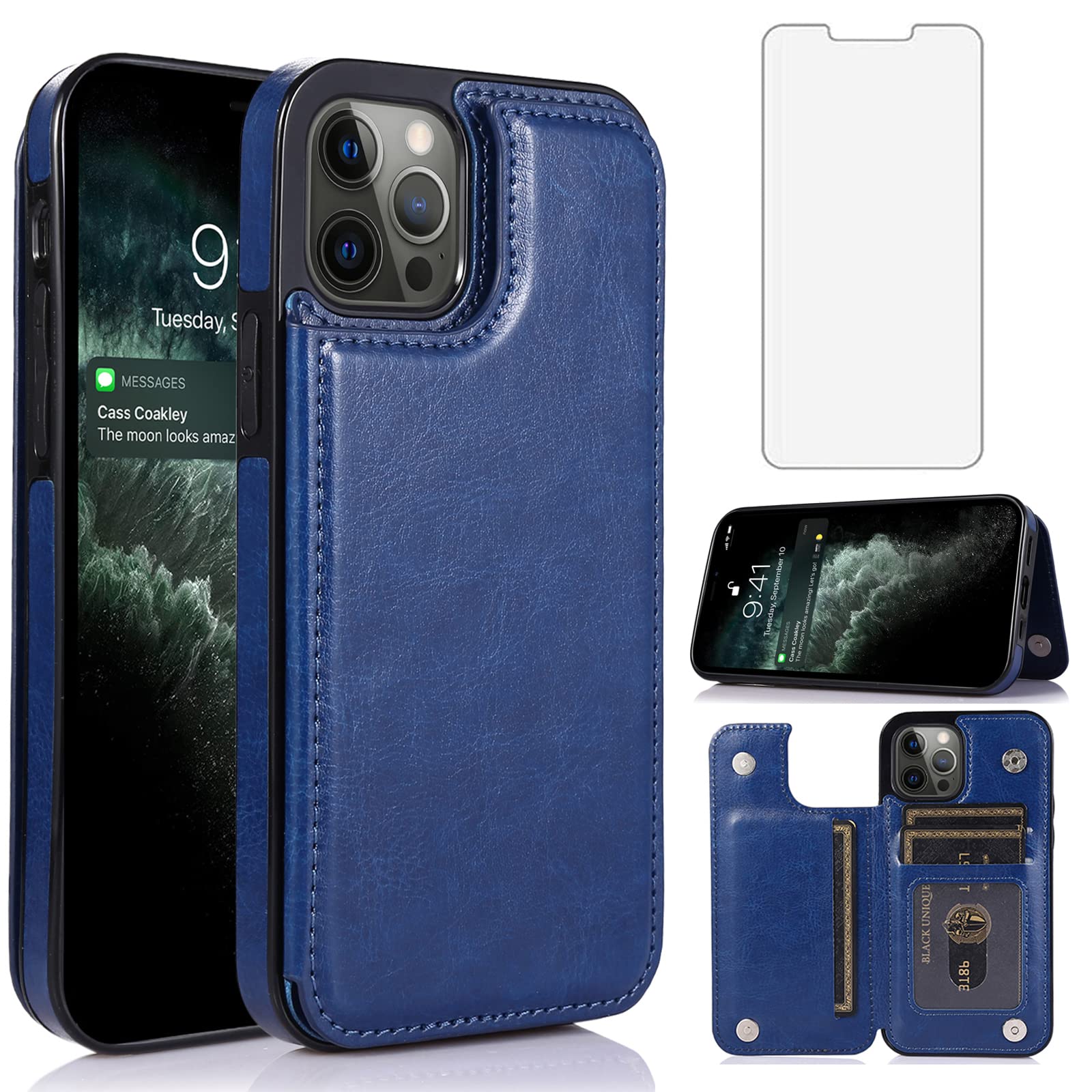 Asuwish Compatible with iPhone 13 Pro 6.1 inch Wallet Case Tempered Glass Screen Protector Card Holder Stand Leather Flip Phone Cases for iPhone13Pro