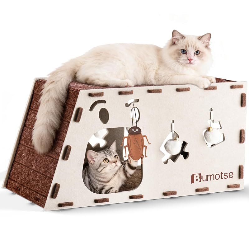 Casa para Gatos com Túnel, Caverna e Arranhador 3 em 1 de Feltro Bumotse Creme Pequena