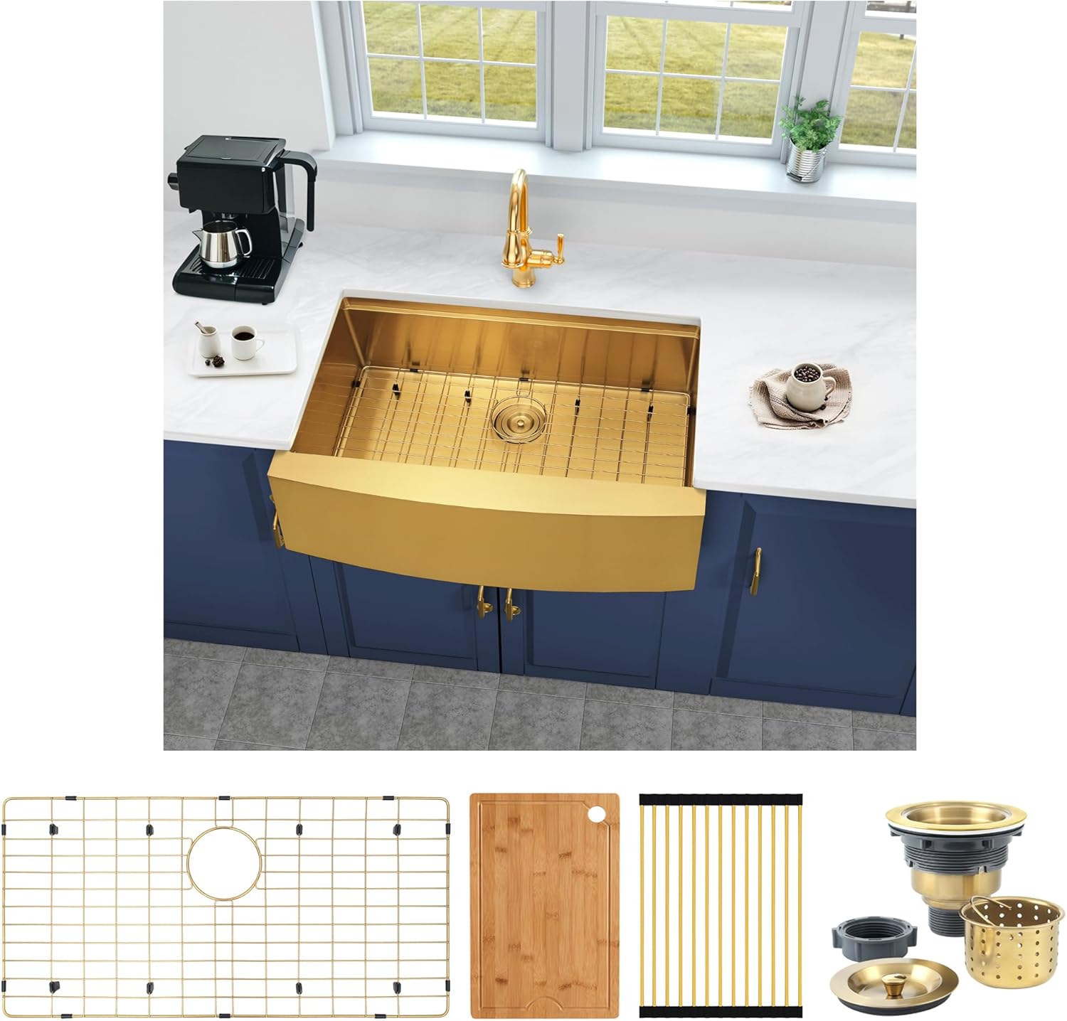 Kitsitchen 33 Inch Gold Farmhouse Sink,16 Gauge Single Bowl Workstation Stainless Steel Rustic Farmhouse Kitchen Sink,Large Apron Front Undermount Farm Kitchen Sinks with Accessories(33"x20"x10")