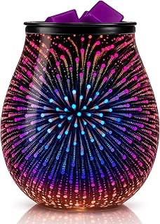 Leyoue 3D Glass Fireworks Electric Wax Melt Warmer with PTC Heating Plate Reusable Silicone Tray 7 Colors LED Changing Light Wax Burner Melter Fragrance Warmer for Home (3D)