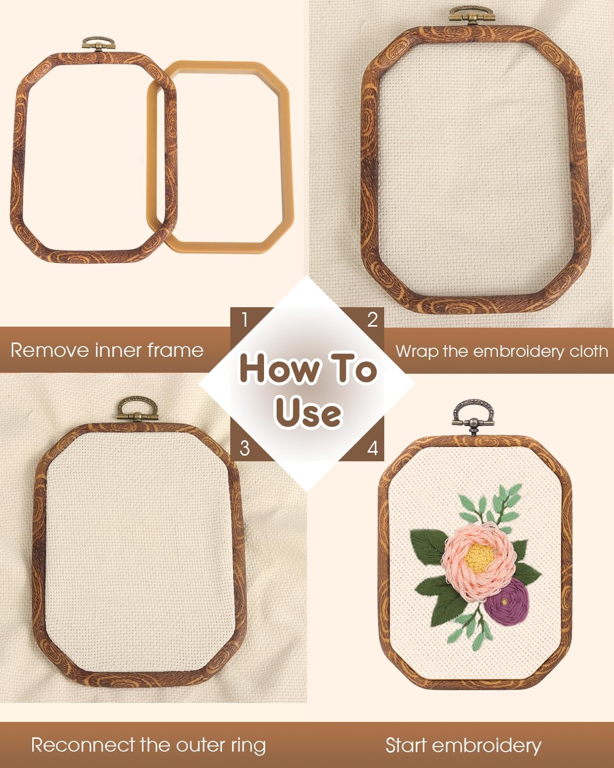 3PC Rectangle Embroidery Hoops, Decorative Cross Stitch Hoops,Imitated Wood Frame for Embroidery Art Craft Sewing and Ornaments ,3 Different Size（11*15/15*20/19*26cm，4.3*6/6*7.8/7.5*10.21inch）