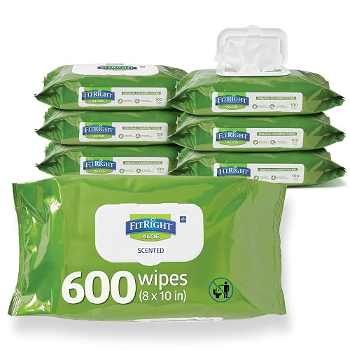 FitRight Personal Cleansing Wipes with Aloe 8x10 Scented 600 Count | Moisturizing Body Wipes for Adults, Incontinence Cleaning, Cloth Wipes for Elderly Care & Bathing