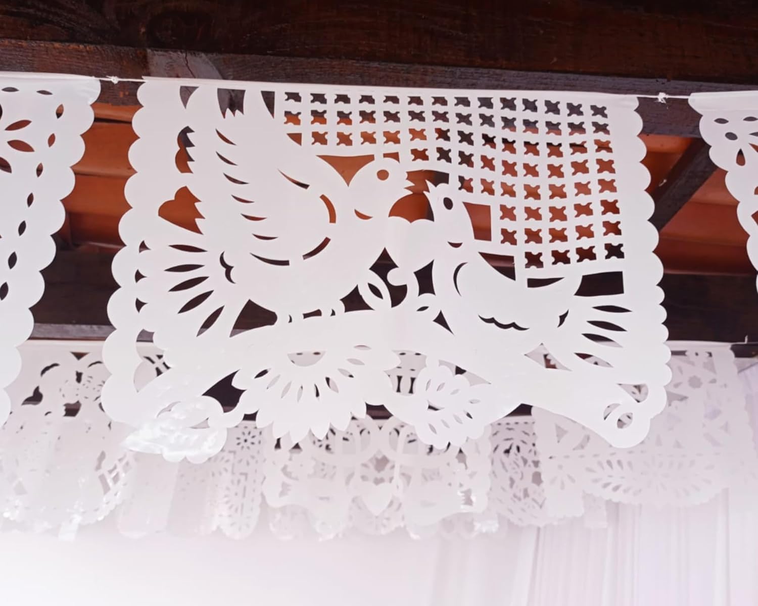 White papel picado Mexican plastic banner, Large White Mexican wedding Garlands, Perfect for Rehearsals, Bridal Shower, Photo booth backdrop, Engagement party, Wedding backdrop 5 Pack/75 ft