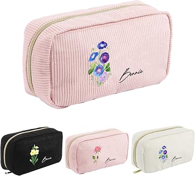 Personalized Cosmetic Bag for Women Customized Name Birth Flower Design Gift for Mom Wife Christmas Mothers Day