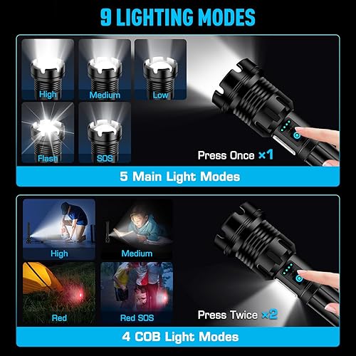 Miniatura 5 de ANKRA 990000 linternas de alto lúmenes recargables con luz de trabajo COB linterna LED súper brillante con zoom y 14 modos y linterna táctica