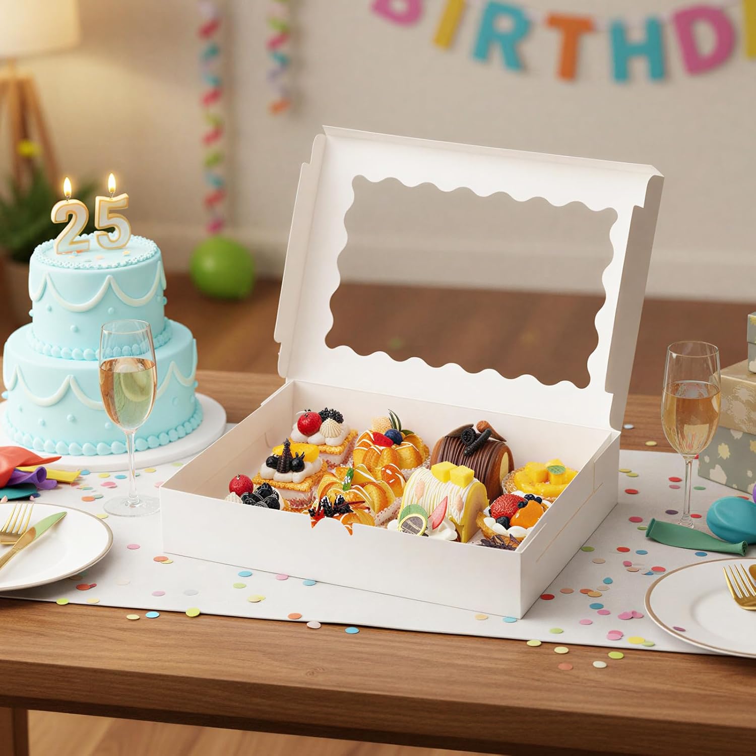 Moretoes 60pcs Cookie Boxes, 14x10x2.5 Inch Bakery Boxes with Window, for Donuts, Pies, Cakes, Muffins, and Pastries