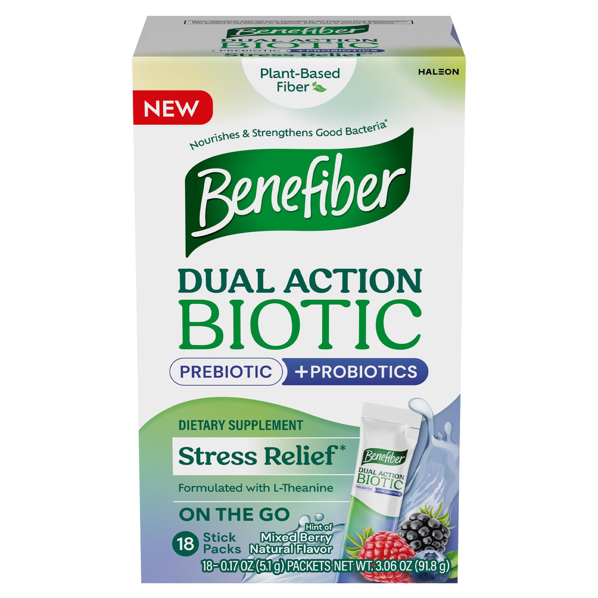 Benefiber Dual Action Biotic Plus Stress Relief stick packs