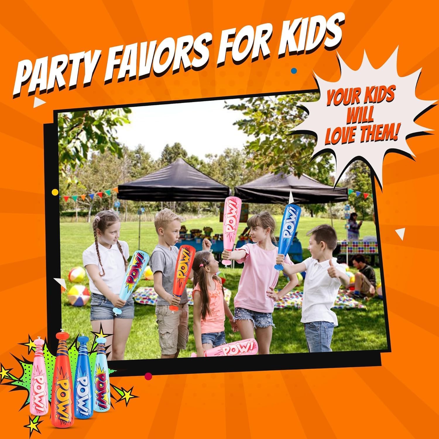 Bedwina Pow Inflatable Baseball Bat - (Pack of 36) Oversized 20 Inch Inflatable Toy Bat, Carnival Prizes, Baseball Party Favors Goodie Bag Stuffers, Decorations Party Prizes for Kids