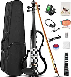 VEDO Violino Elétrico, Conjunto de Violino Elétrico Silencioso 4/4, Violino de Madeira Maciça e Metal, com Acessórios em Ébano, Kit para Iniciantes Adultos e Adolescentes (Xadrez Preto e Branco)