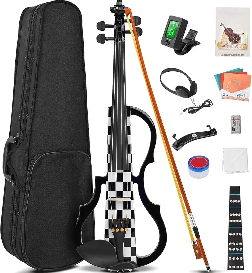 VEDO Violino Elétrico, Conjunto de Violino Elétrico Silencioso 4/4, Violino de Madeira Maciça e Metal, com Acessórios em Ébano, Kit para Iniciantes Adultos e Adolescentes (Xadrez Preto e Branco)