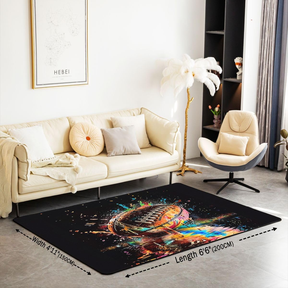 Erosebridal Graffiti Football Area Rug 6'6" X 4'11" Rugby Living Room Rugs Non Slip for Boys Kids Teens Adults Ball Sports Lover Decorative Carpets Hippie Graffiti Indoor Floor Mat