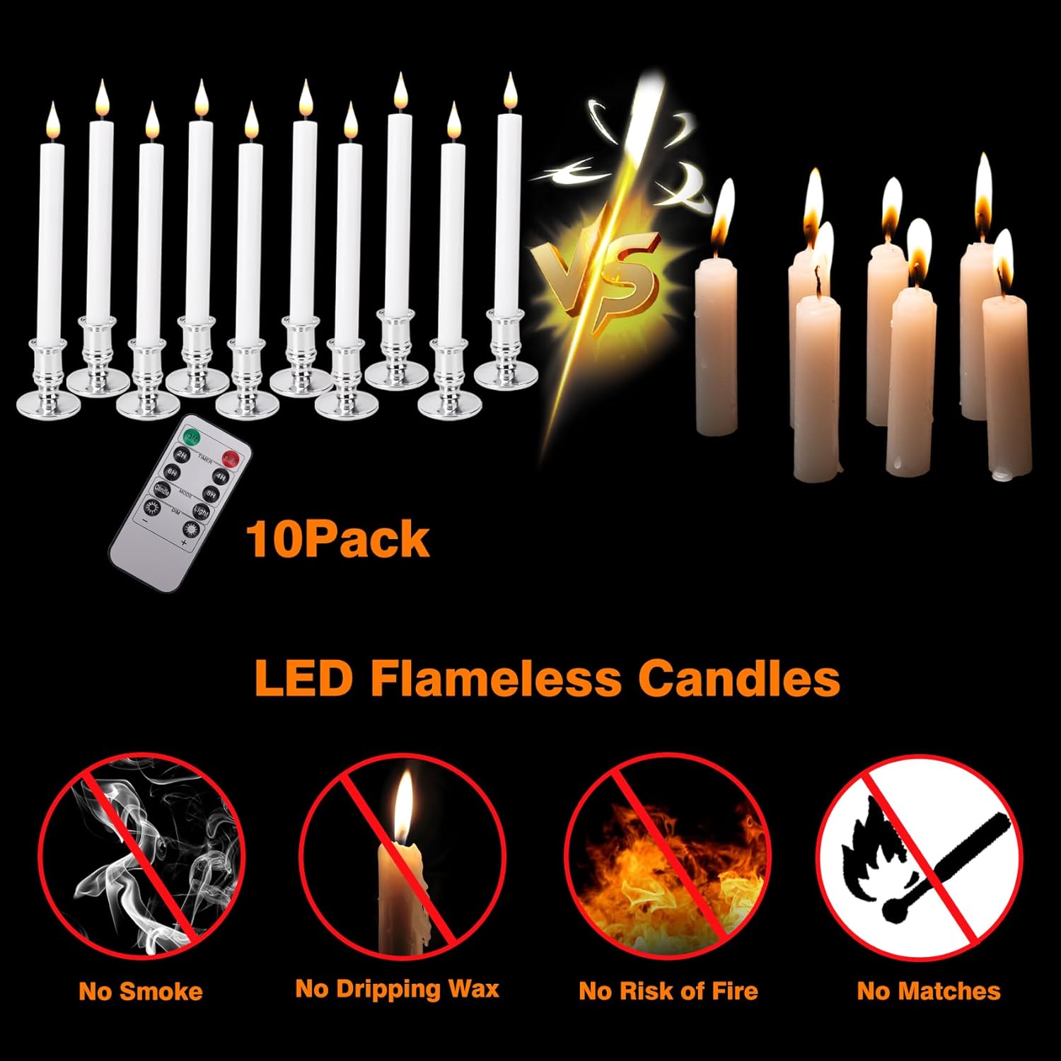 LED Flameless Window Candles with Remote Timer 10 PCS Battery Operated Flickering Taper Candle Lights with Removable Gold Candle Holders Best Gift for Xmas Wedding Home Dinner Decor