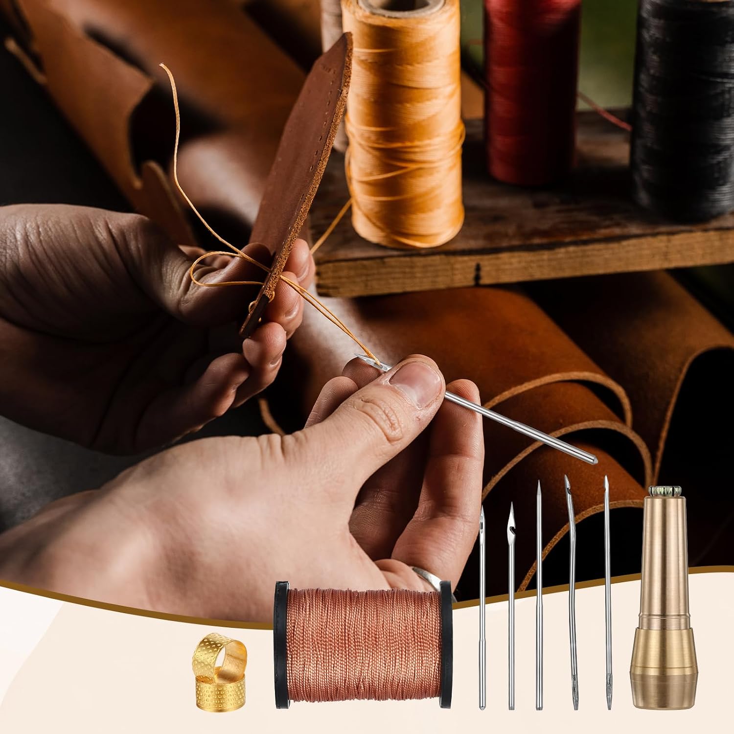 9pcs Leather Sewing Awl Kit Including 45m Thread and Thimble Canvas Leather Sewing Awl Needle with Copper Handle with 6 Needles for Craft Needle Kit Shoe Repair Tool