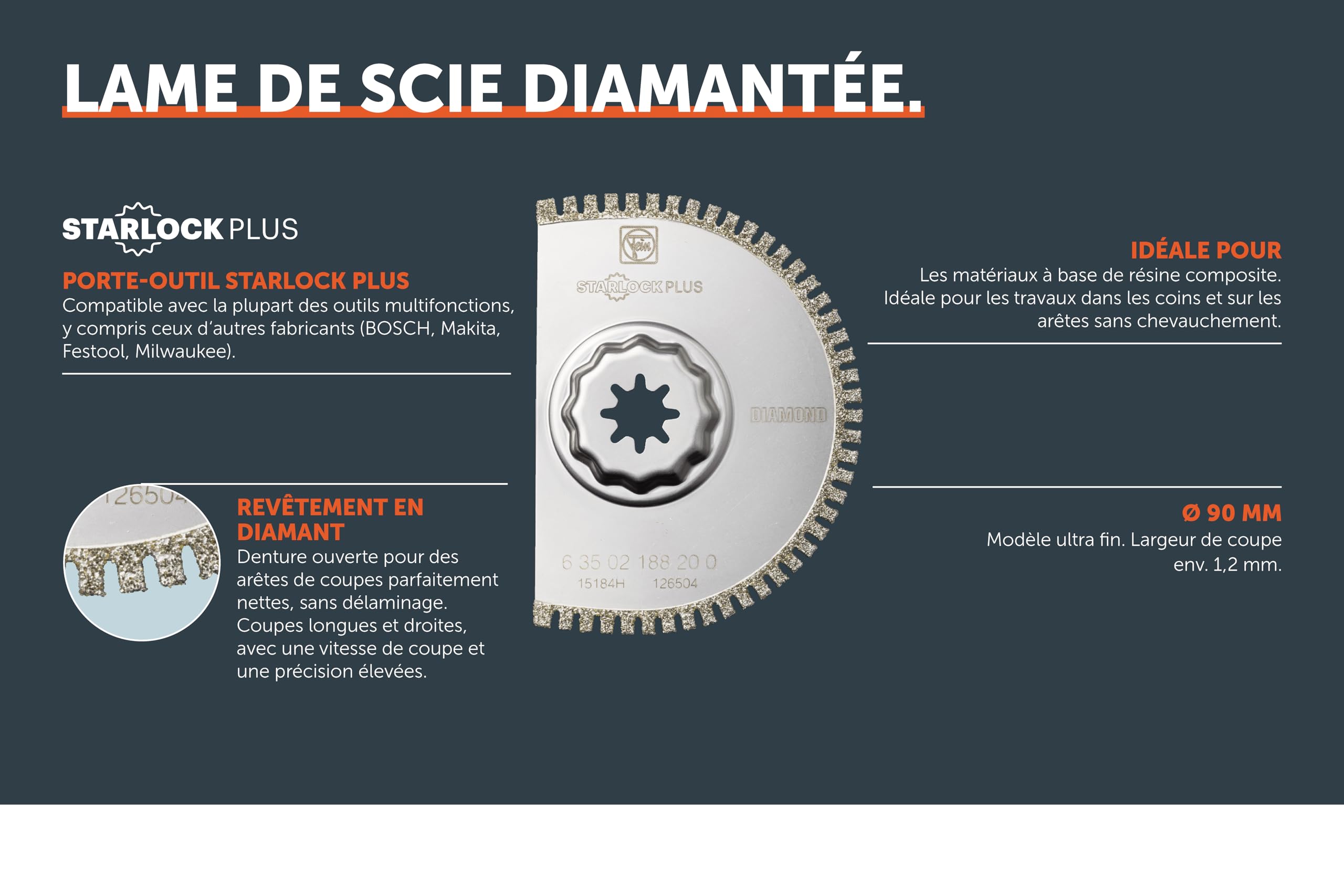 FEIN Lame a concrétion diamantée HM, Ø90 mm, largeur de coupe env. 1,2 mm, Porte-outil SLP, denture ouverte pour la coupe de fibres de carbone et verre, ultra fin, idéal pour les coins et les arêtes