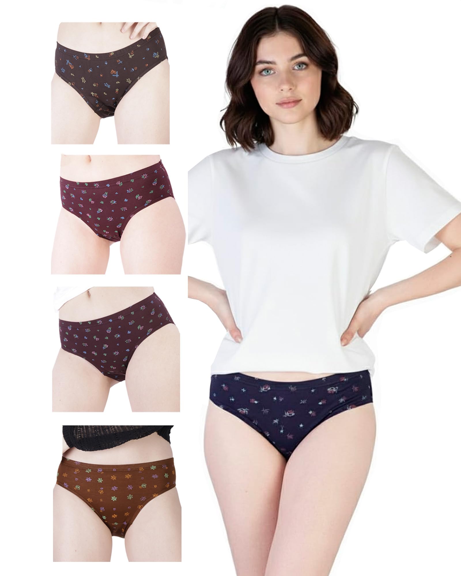 ESSA Fairlady Women's Briefs | Full Coverage, 100% Super Soft Cotton, Hosiery, Mid Waist | Inner Elastic Waistband | Underwear, Innerwear, Panties | Floral Print (Pack of 5) (Multicolor)