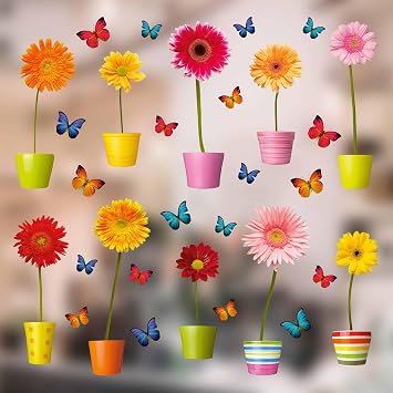 Set of 10 Potted Gerbera Window Clings with 20 Butterflies, Double-Sided Repositionable Static Clings for Glass, Reusable Floral Stickers for Spring & Summer Home, Classroom or Storefront Decor