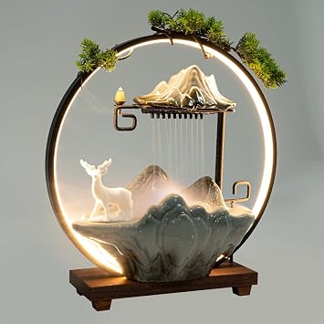 Tabletop Water Fountains, Feng Shui Decor for Good Luck, Wealth, Indoor Wateall with Mist and LED Light and Fake Plants for Meditation Medium