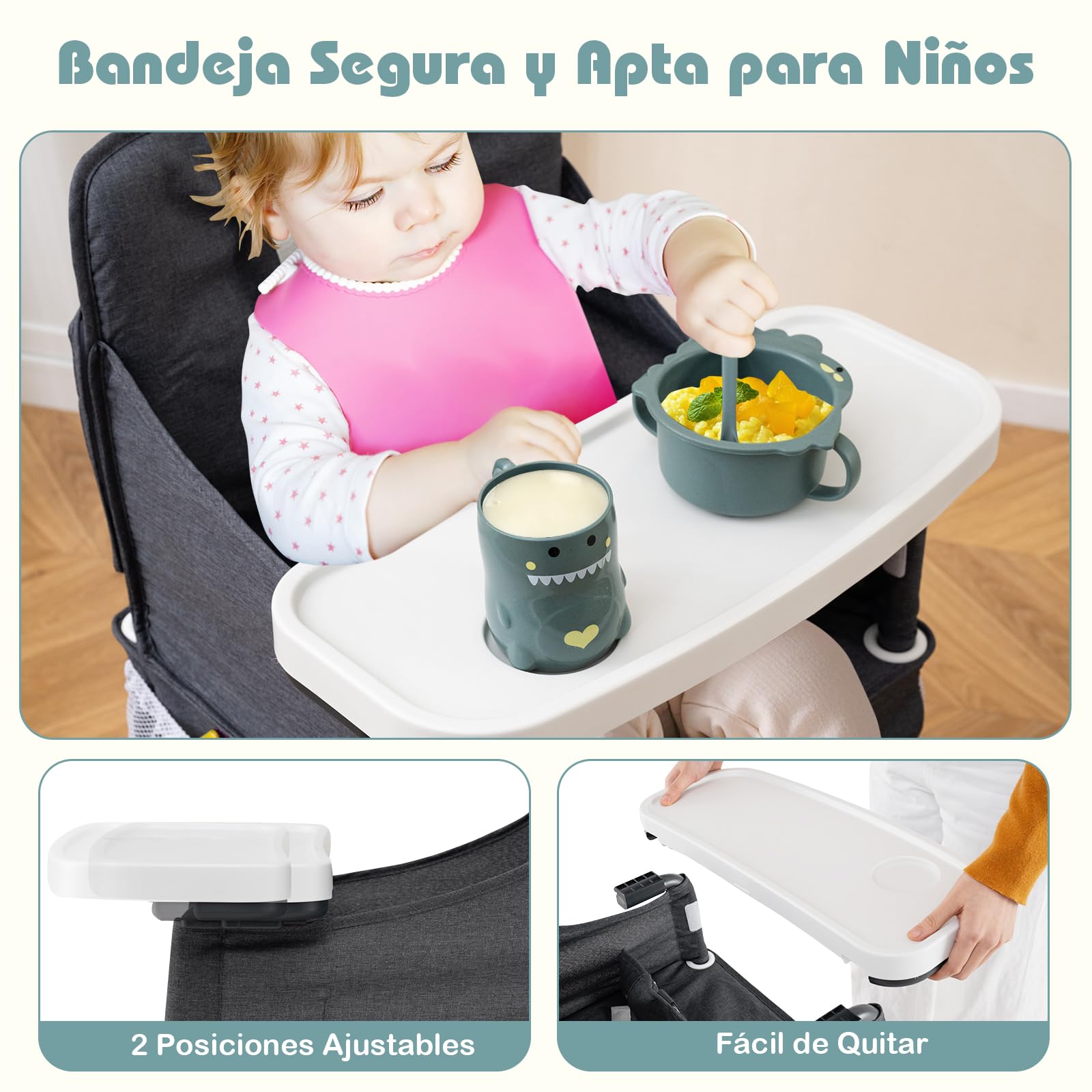 GOPLUS Trona Plegable para Bebés, Silla Alta Portátil Moderna de Viaje con Bandeja de 2 Posiciones, Protector Ajustable de Seguridad, Tejido Lavable, Bolsillos para Comer para Bebés de 6 a 36 Meses