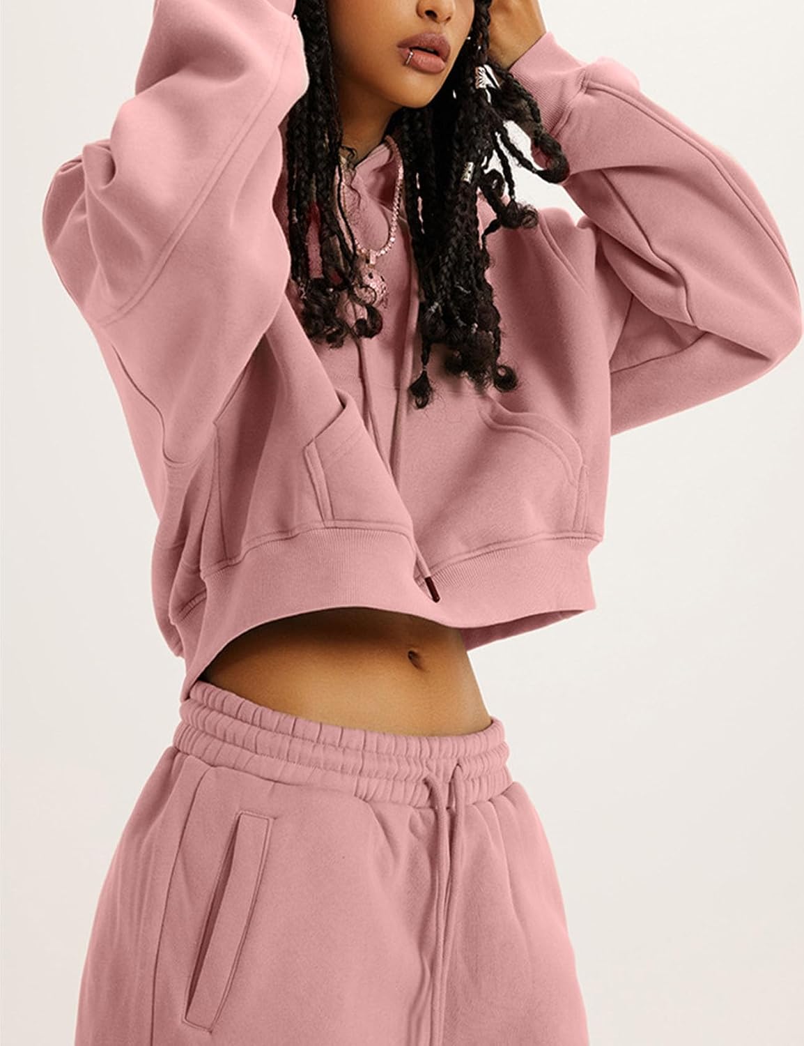 Flygo Womens Fleece 2 Piece Outfits Sweatsuit Crop Pullover Sweatshirt Joggers Pants Tracksuit Set - Image 2