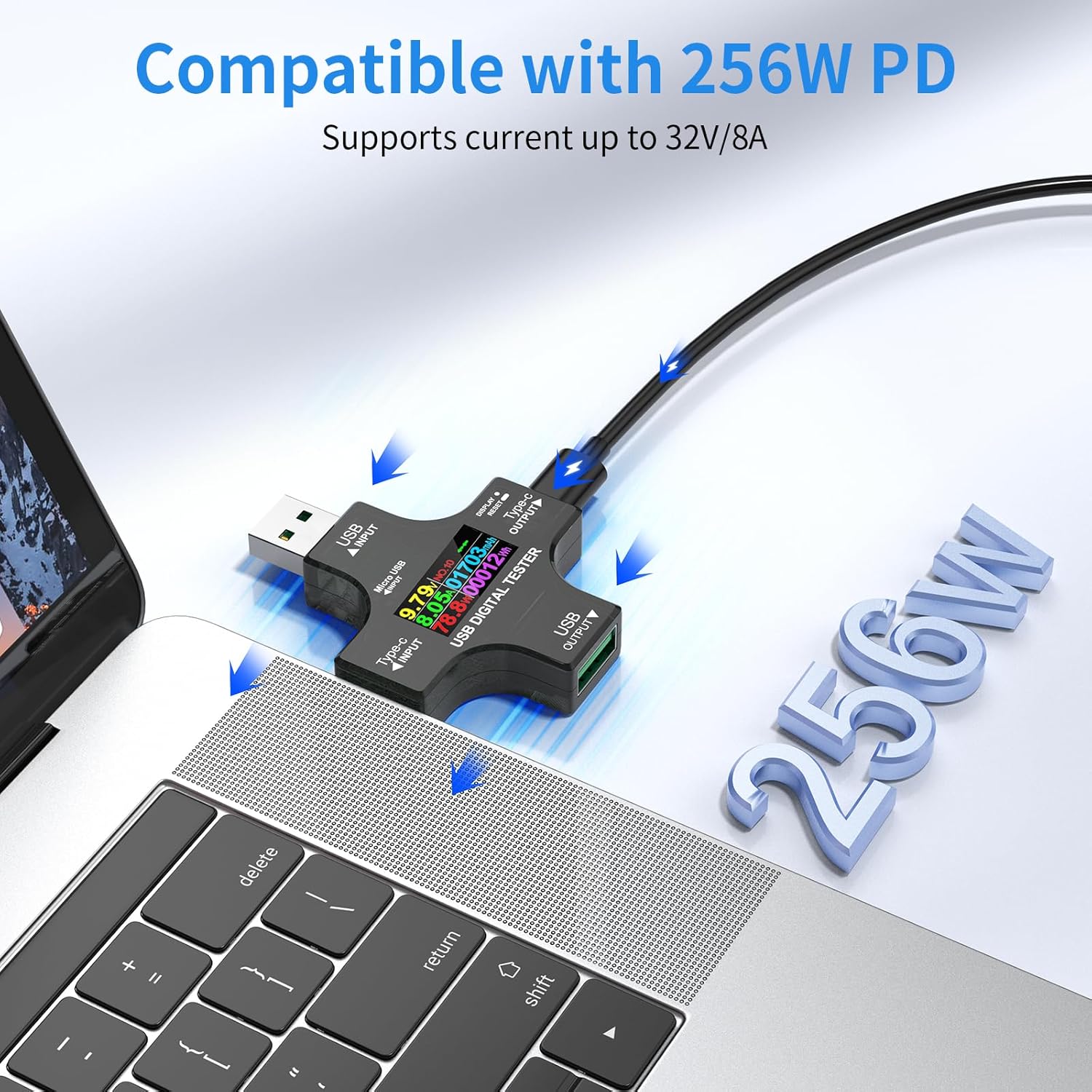 USB C Tester Power Meter 2 in 1, YEREADW Digital Multimeter 3.6-32V 0-8.0A Voltage and Current Tester Meter, Type C Voltmeter Battery Capacity Volt Ammeter Power Bank Fast Charger Detector