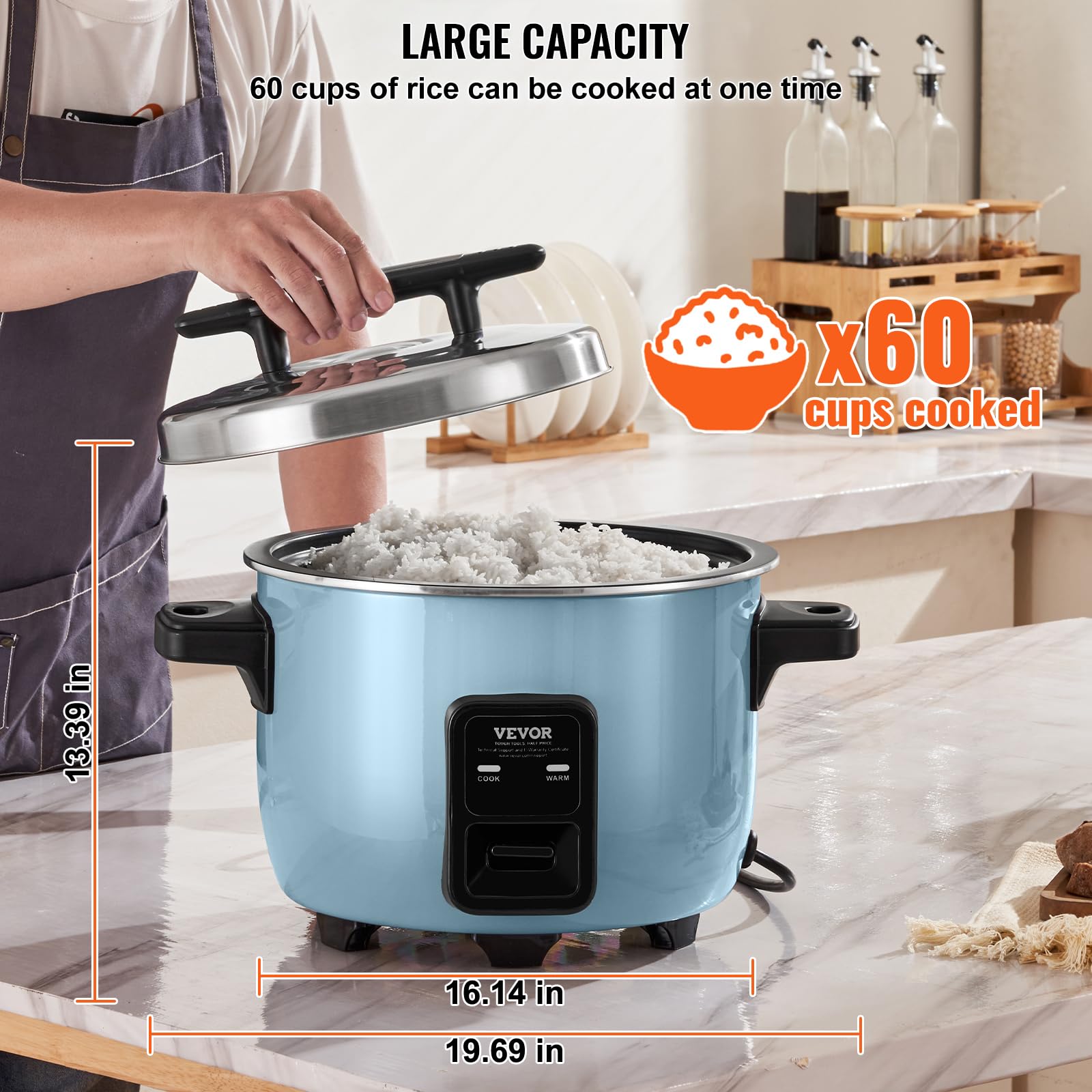 VEVOR Cuiseur à Riz Commercial, Auto-cuiseur de Riz 60 Tasses 13 Litres, Pot Intérieur Antiadhésif, Cuisson Rapide et Maintien au Chaud 24 Heures, avec Verre Doseur et Spatule, pour Restaurant