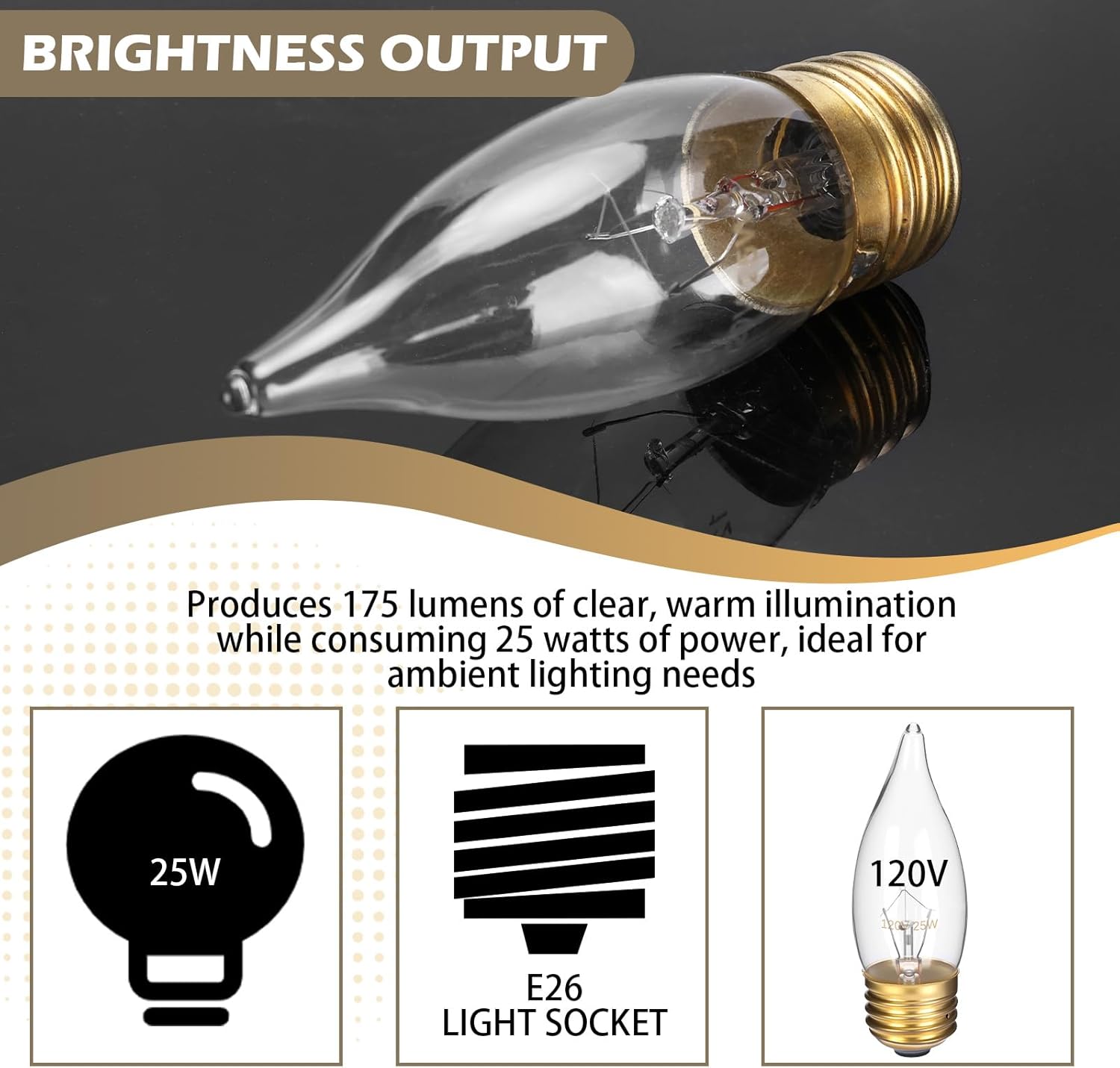 Incandescent Flame Tip Light Bulbs, 25W CA10 Clear Glass E26 Base 2700K Warm White Dimmable 175 Lumens 12-Pack
