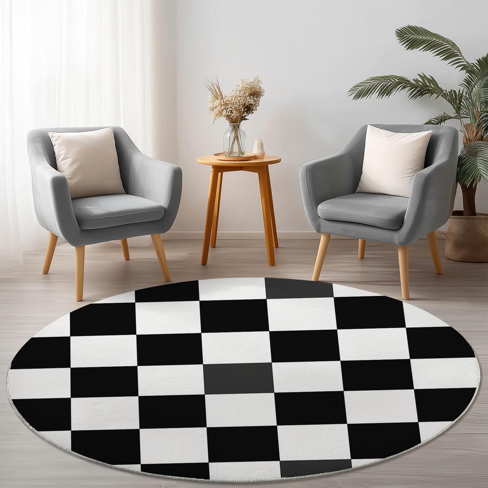 Tapis Rond de 140 cm en Flanelle Douce aux Motifs de Carreaux et Rayures Noir et Blanc. Un Classique indémodable pour Habiller Le Sol d'une entrée, d'un Salon scandinave ou d'un Bureau.