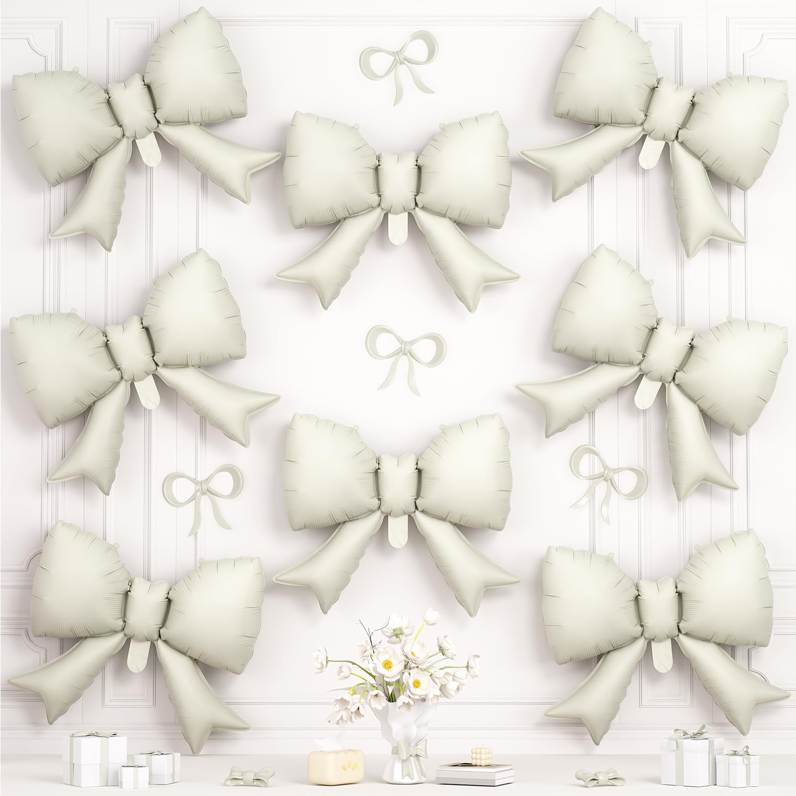 Cream White Bow Foil Balloons,8Pcs 21Inch White Bow Shaped Balloons