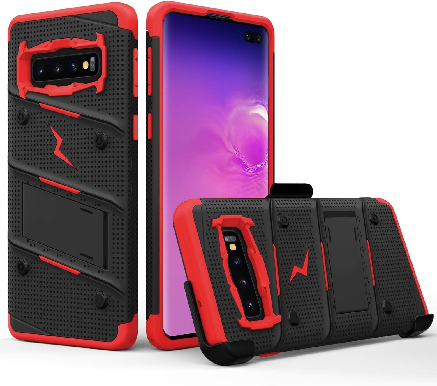 ZIZO Bolt Series for Galaxy S10 Plus Case with Kickstand Holster Lanyard - Black & Red