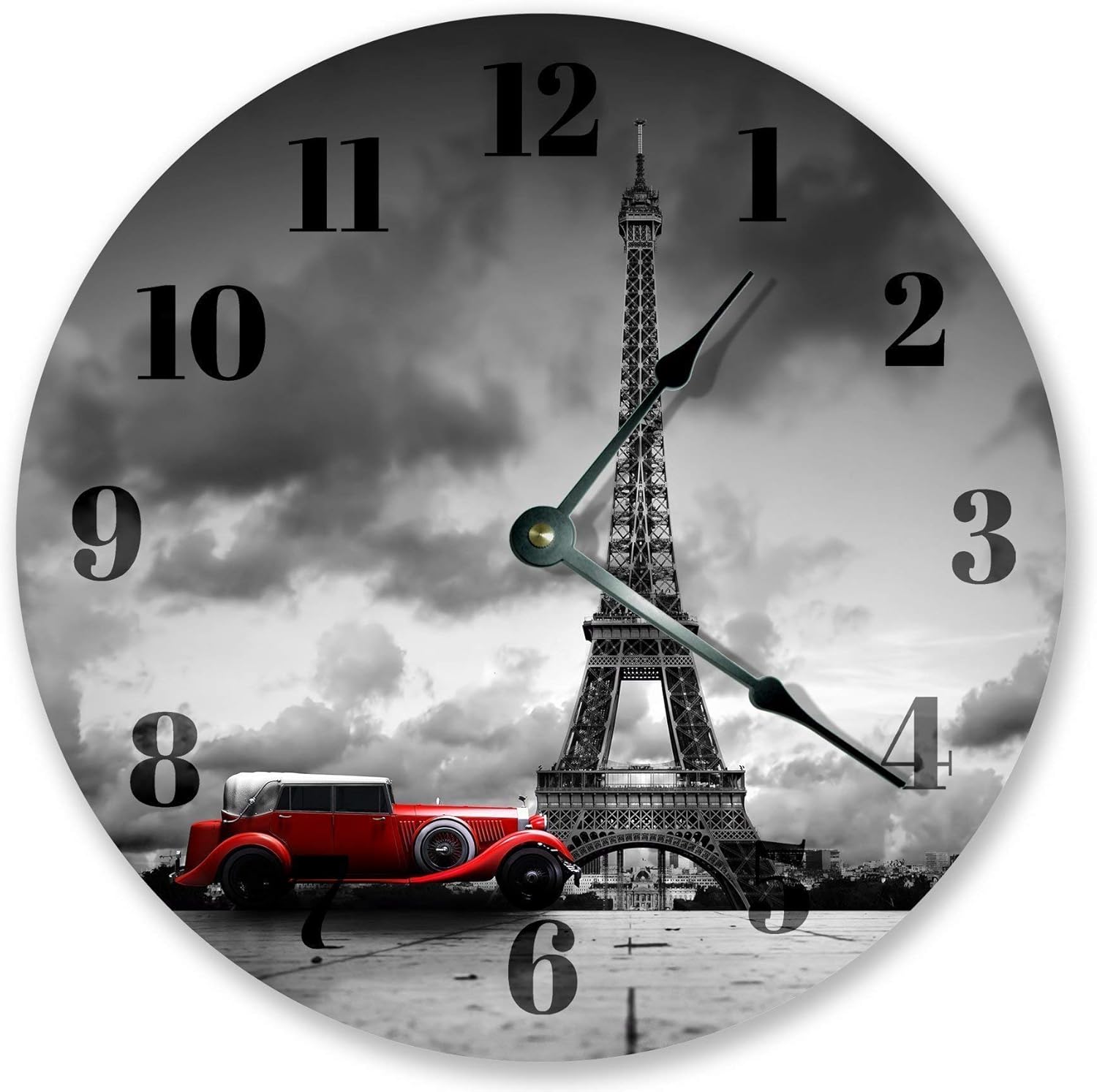 Effil Tower Paris & Vimtage Car Silent Non Ticking Round Battery Operated Handmade Hanging Large10.5 Inch Wall Clock for Bedroom Office Cottage Decoration