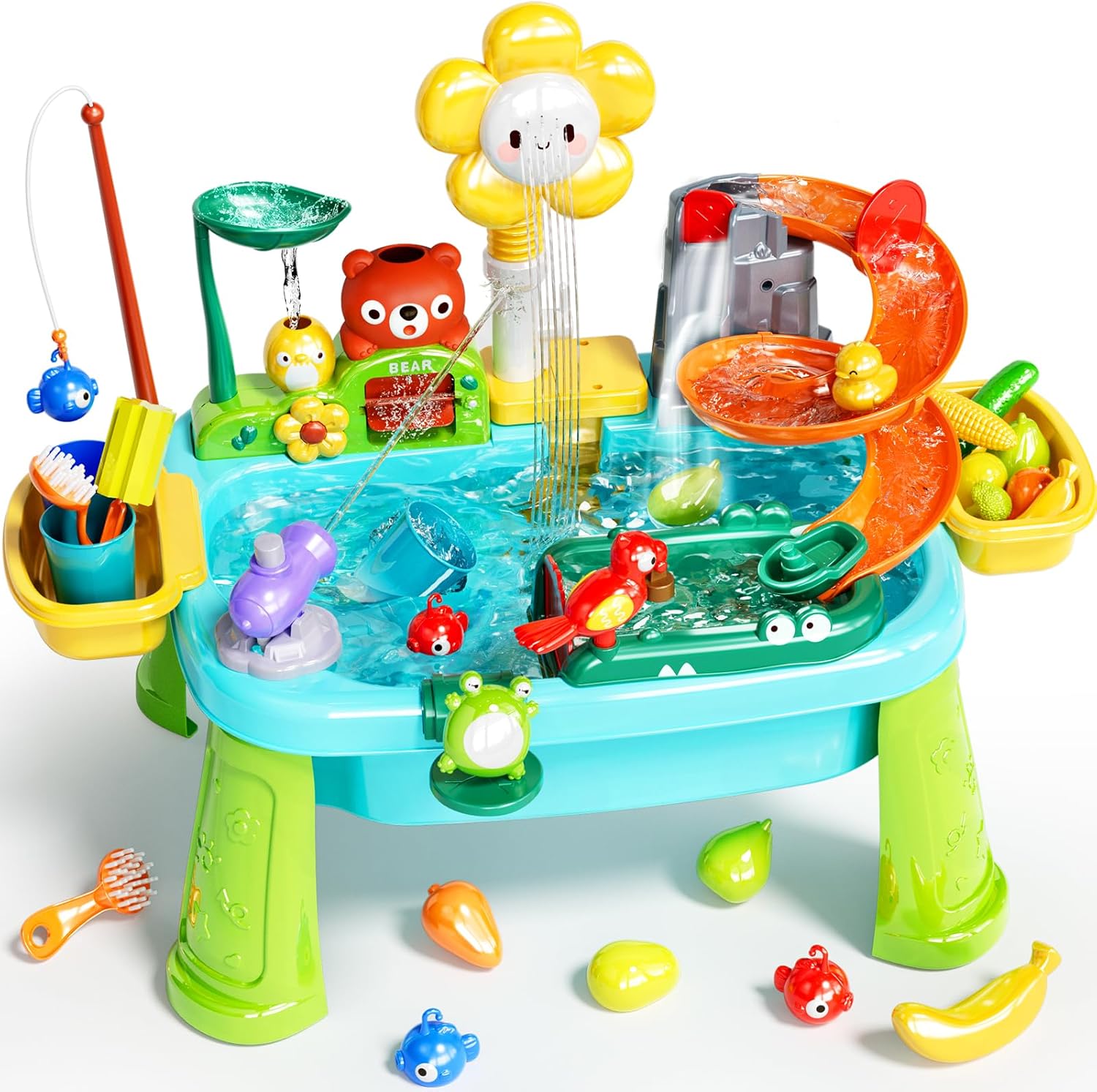 Water Table Play Sink Toys for Toddlers, Kids Play Kitchen Sink with Running Water, 360° Electric Faucet, Floating Fishing Game, Sensory Water Table Toys for Boys Girls Summer Gifts