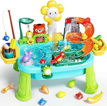 Pupu Pig Water Table Play Sink Toys for Toddlers, Kids Play Kitchen Sink with Running Water, 360 Electric Faucet, Floating Fishing Game, Sensory Water Table Toys for Boys Girls Summer Gifts