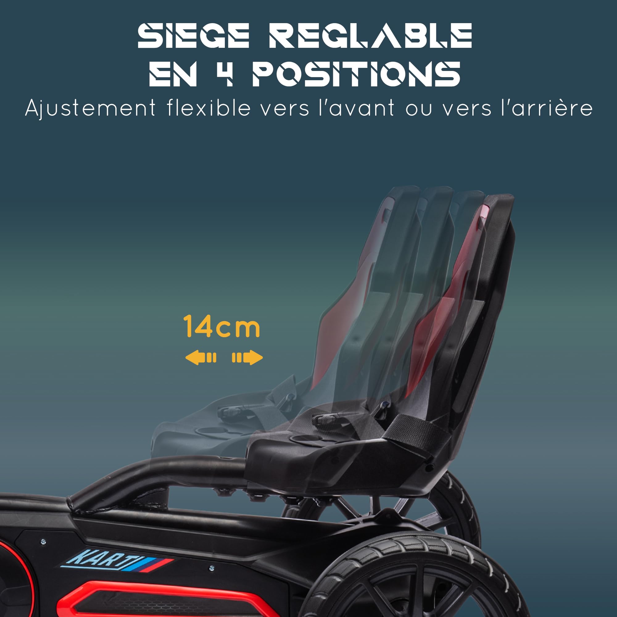 HOMCOM Kart na pedały dla dzieci, go-Kart z regulowanym siedziskiem 4-pozycyjnym, ciche koła EVA, 100 x 58 x 58,5 cm, rower i pojazd dziecięcy, czerwony i czarny