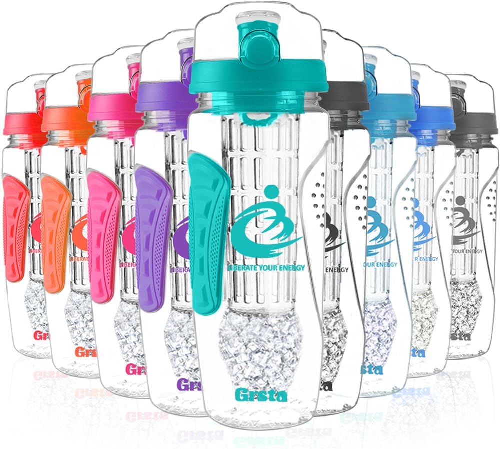 Grsta Best Fruit Infuser Water Bottle, BPA Free Tritan Reusable Plastic Bottles, 1000ml / 1 Liter - Flip Top Leak Proof Lid & Insulating Sleeves, Detox Drinking Bottles for Yoga, Gym, Sport