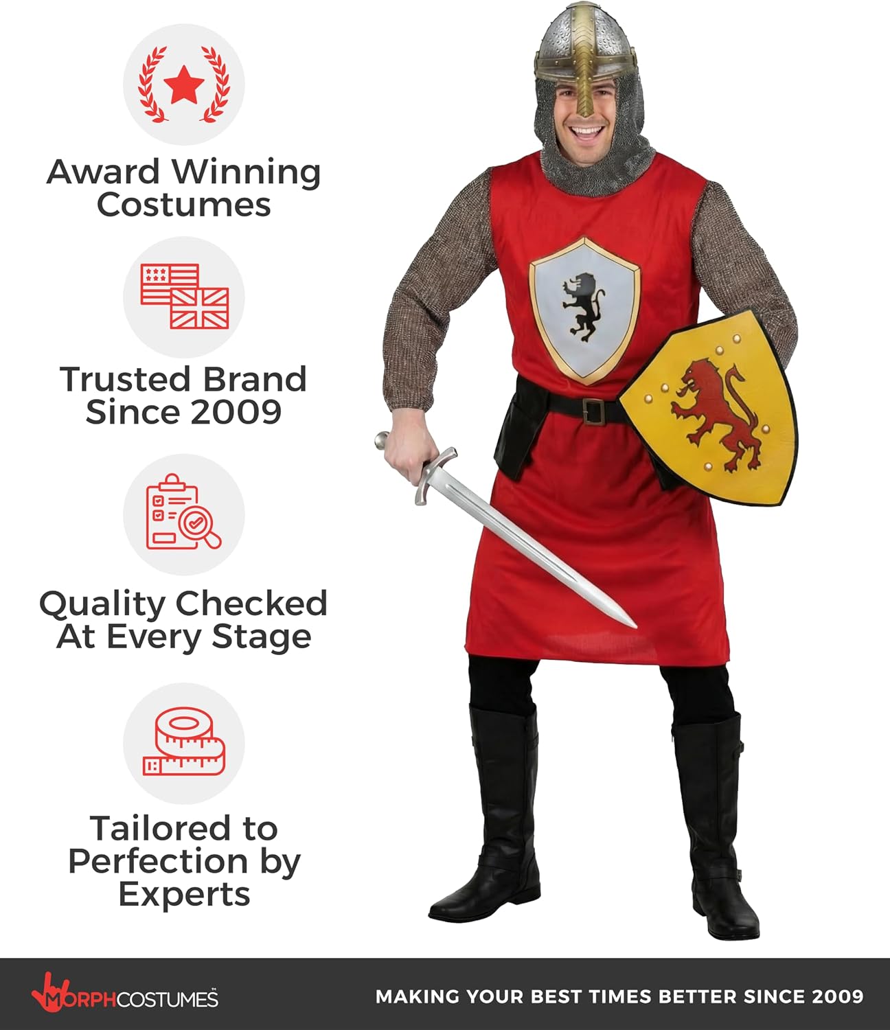 Morph Medieval Knight Costume Men with Knight Helmet, Crusader Costume Men, Mens Knights Costumes, Halloween Costumes Adult