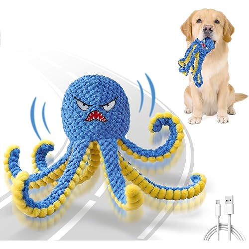 Interactive Dog Toys Octopus,Durable Automatic Jumping Dog Toy to Keep Them Busy,Squeaky Moving Tug of War Doggie Toy,USB Rechargeable,Not for Aggressive Chewers (Blue)