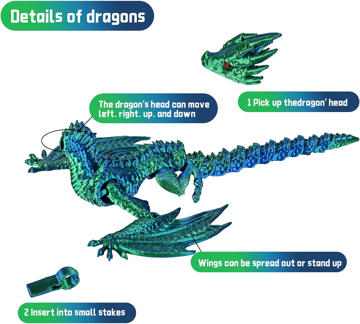 3D Printed Dragon Articulated Crystal Dragon Eggs, Adult Fidget Toys for Autism ADHD (Blue Green Pro)